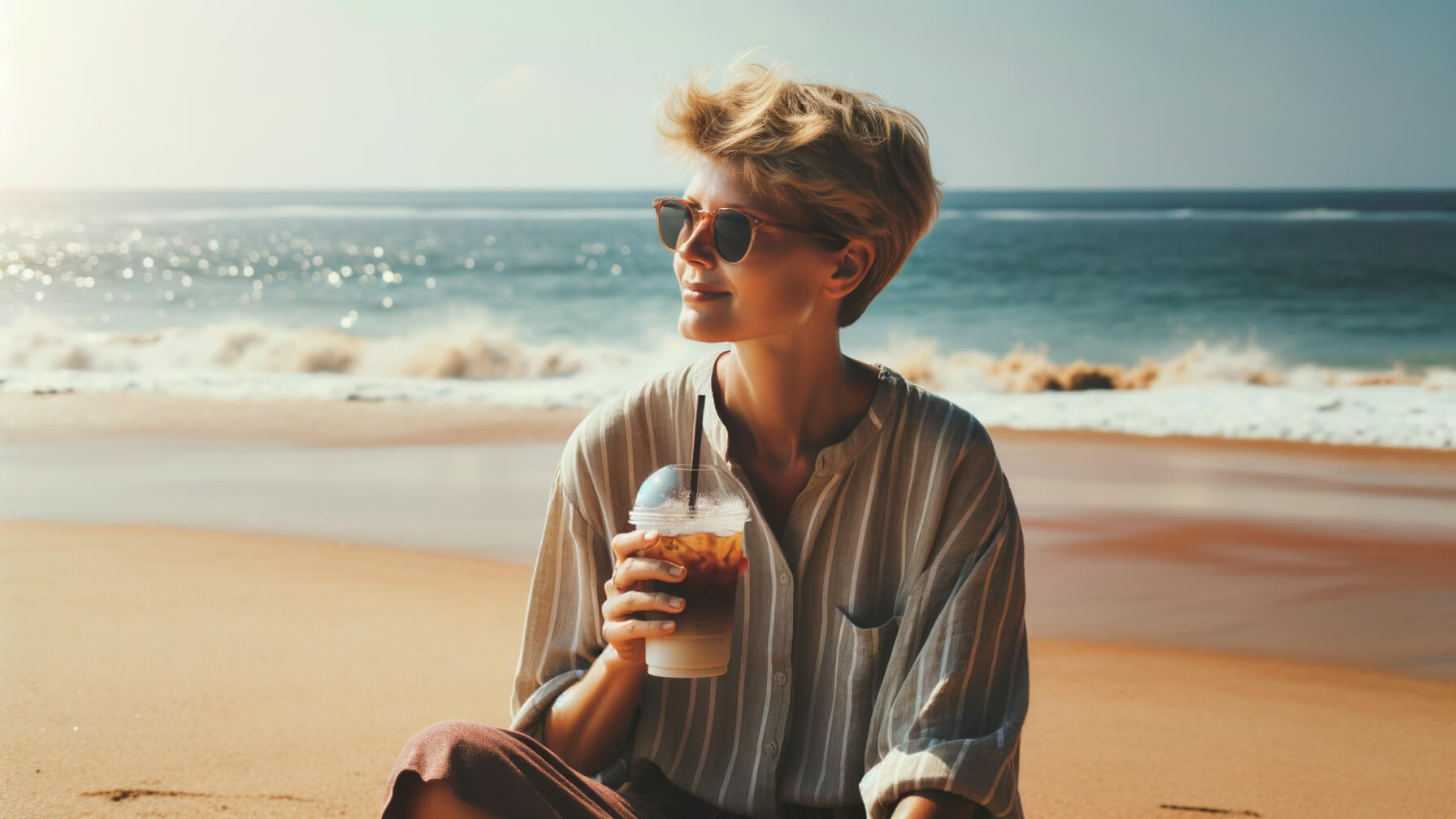 Junge Frau mit Eiskaffee am Strand sitzend