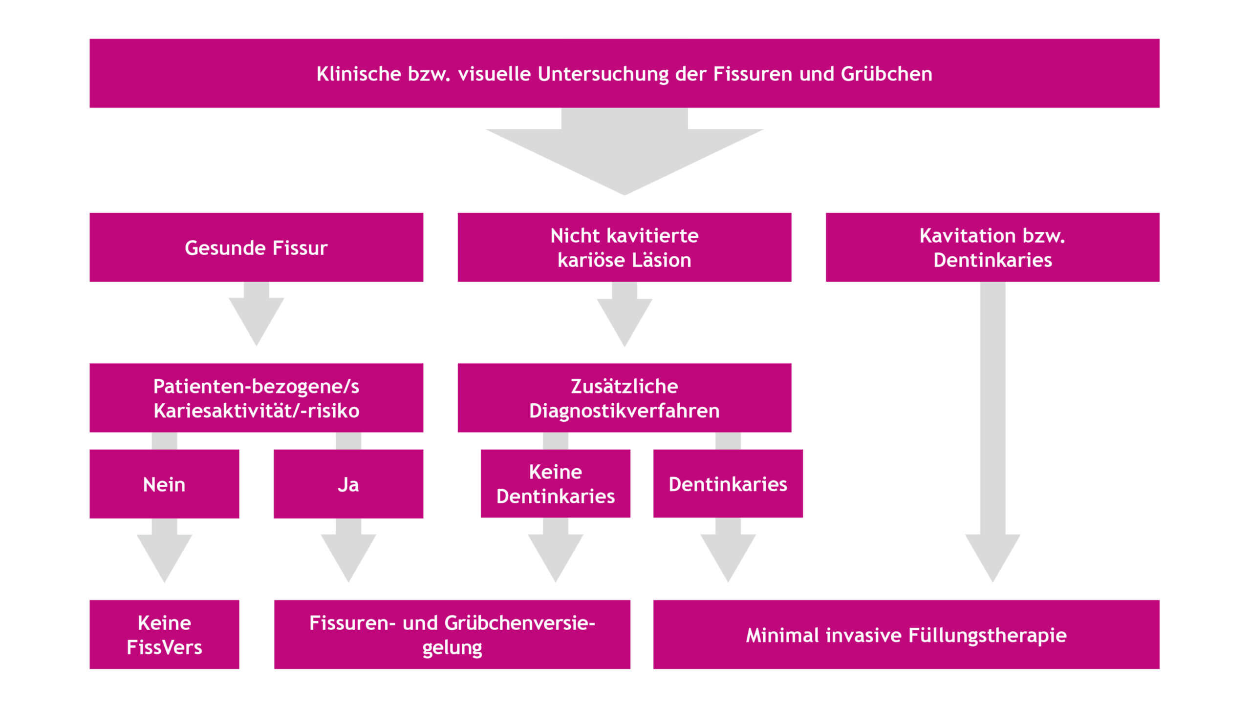 Schema für die befundbezogene Entscheidung (Indikation), ob Fissuren und Grübchen bei bleibenden Molaren versiegelt werden sollten Quelle: Leitlinie, Urheberrecht bei den federführenden Fachgesellschaften) [3].